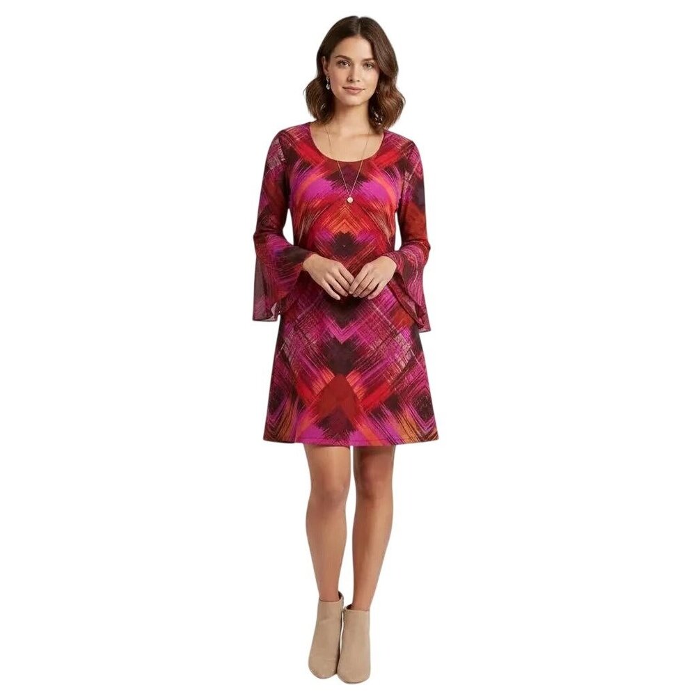 MSK Women's Pink Red Orange Print Sheer Bell Sleeve Cocktail‎ Dress Size Medium